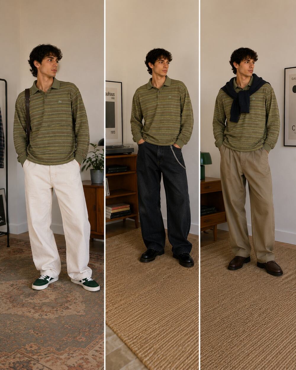 Vintage Lacoste Olive Stripe Long Sleeve Polo Shirt Made in France Size 6